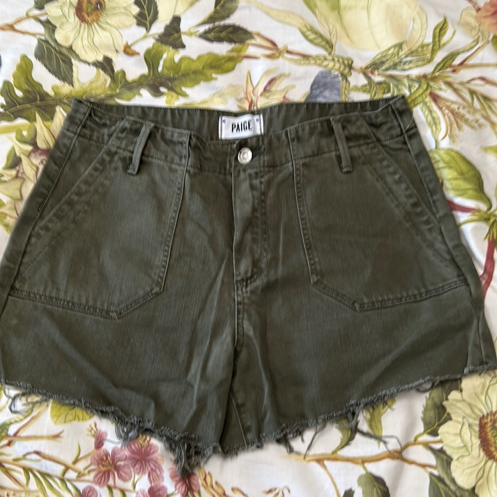 PAIGE olive green denim front pockets shorts
